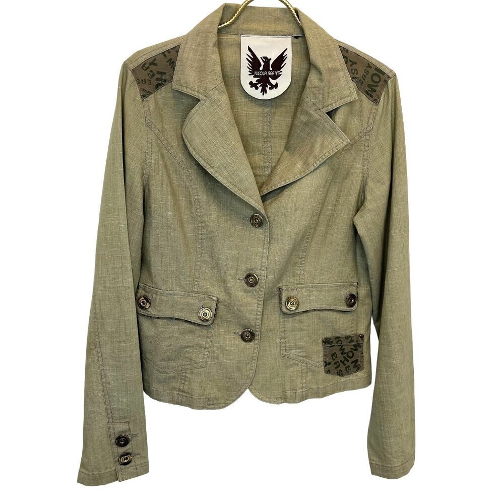 Nicola Berti Embellished Art Blazer Jacket Ladies Size Small Khaki Color Utility